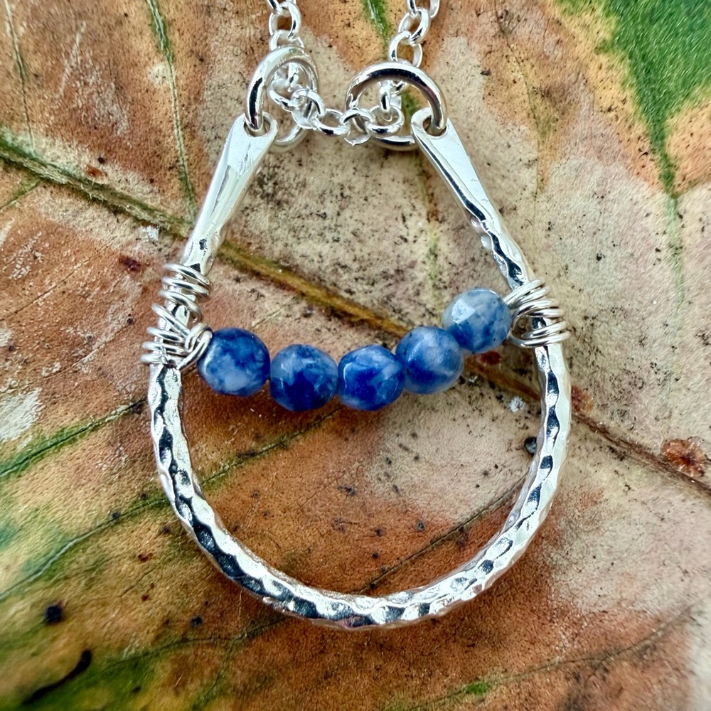 Sterling Silver Hammered Hoop Necklace with Blue Sodalite Beads